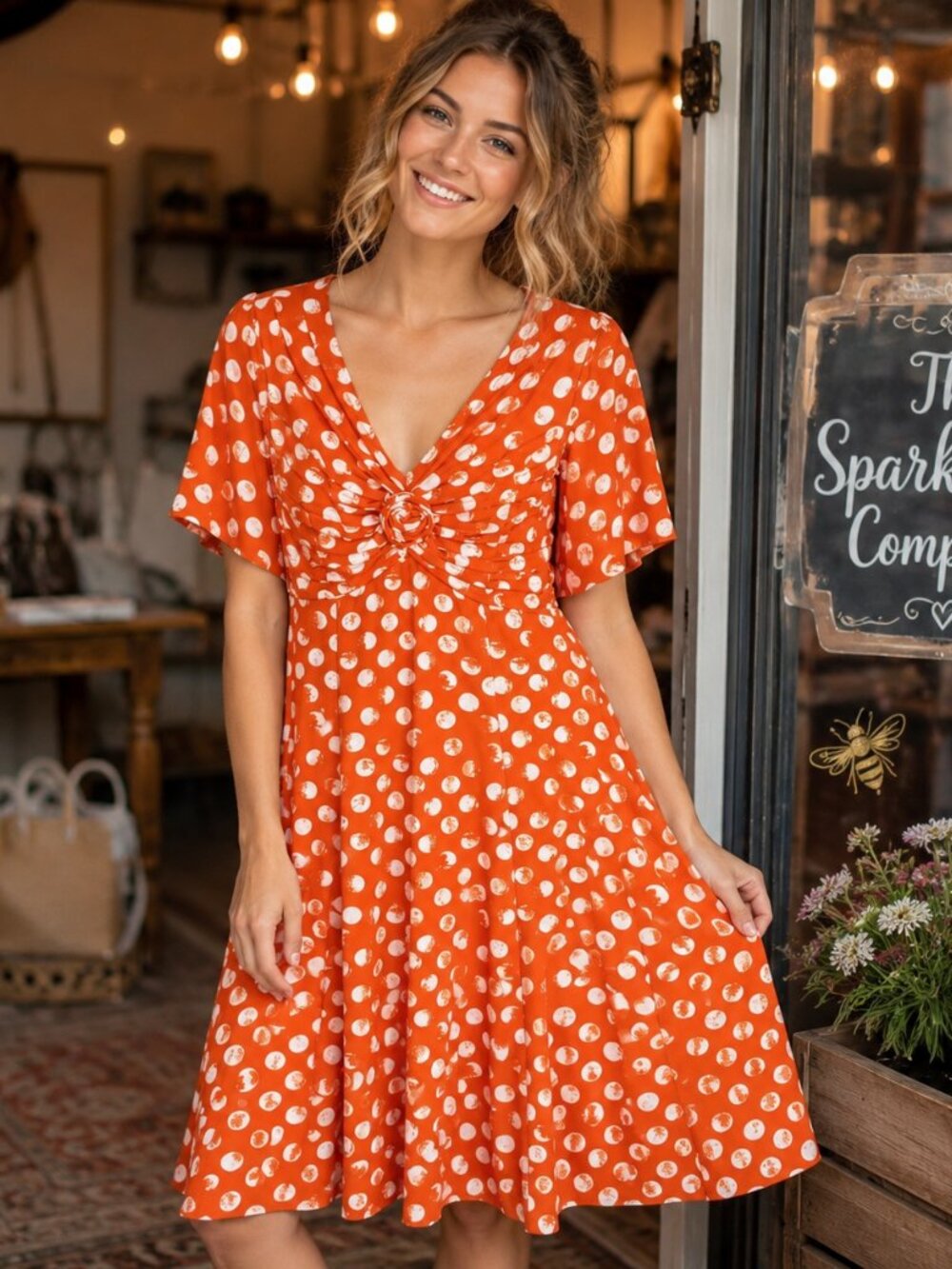 Signature by Robbie Bee Orange and‎ White Dress 3/4 Sleeve Fit and Flare Size XL